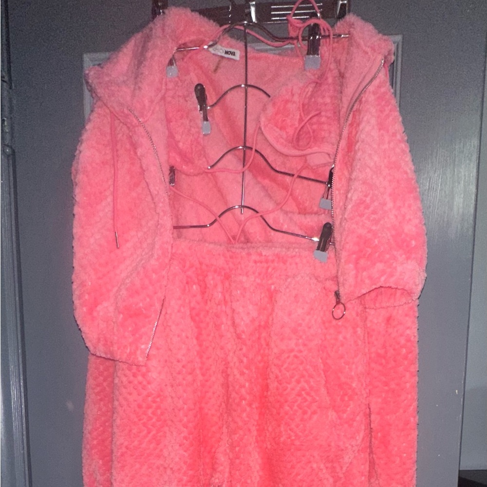 Fashion Nova Coral Pink Plush Hooded Jacket and Skirt Set